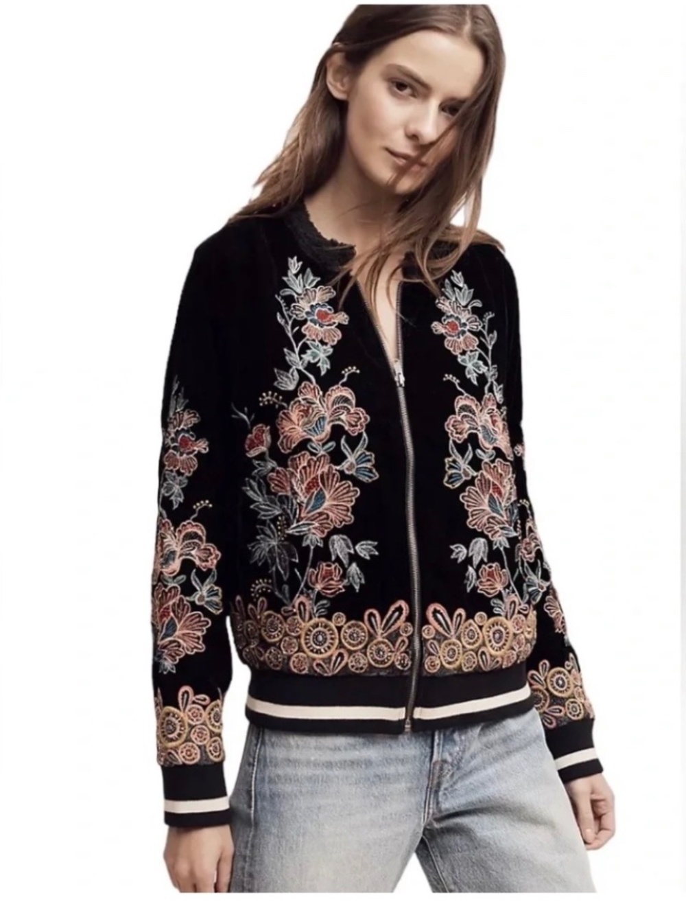 Anthropologie Elevenses Hallie Embroidered Beaded Velvet Bomber Jacket